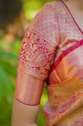 Peach woven design zari kanchipuram silk saree with unstiched blouse piece