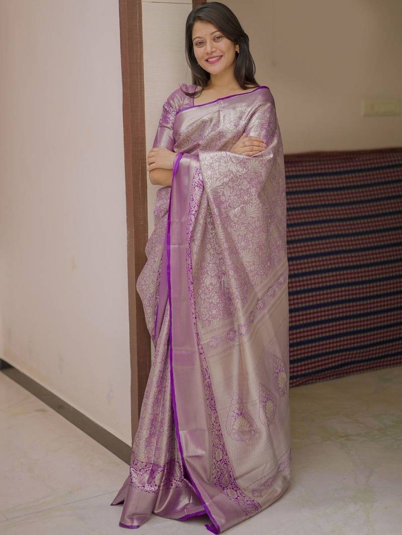 Purple magenta kanchipuram silk zari weaving matching blouse piece & sarees