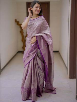 Purple magenta kanchipuram silk zari weaving matching blouse piece & sarees 2