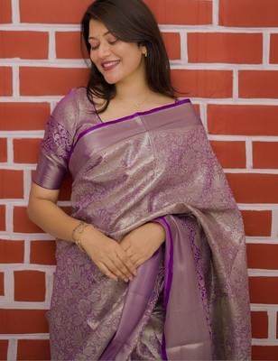 Purple magenta kanchipuram silk zari weaving matching blouse piece & sarees 3