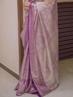 Purple magenta kanchipuram silk zari weaving matching blouse piece & sarees 4