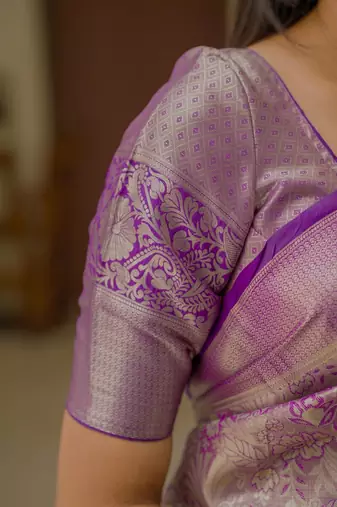 Purple magenta kanchipuram silk zari weaving matching blouse piece & sarees