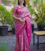 Magenta pink kanchipuram silk zari weaving matching blouse piece & sarees