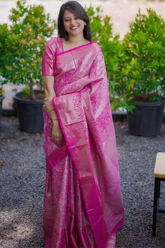 Magenta pink kanchipuram silk zari weaving matching blouse piece & sarees