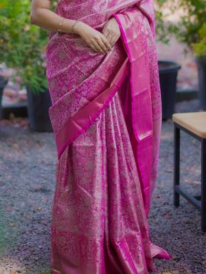 Magenta pink kanchipuram silk zari weaving matching blouse piece & sarees 4