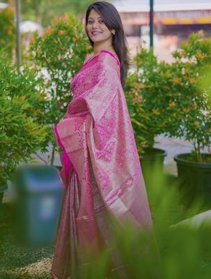 Magenta pink kanchipuram silk zari weaving matching blouse piece & sarees 5