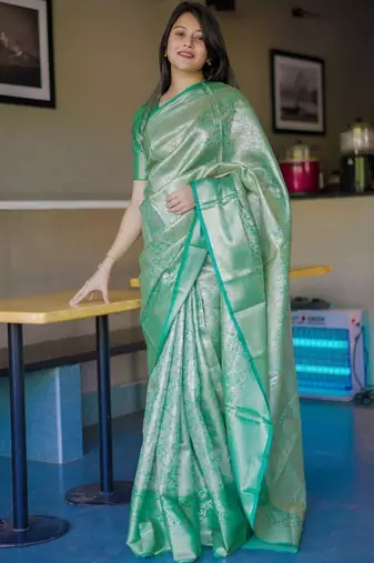 Sea green teal kanchipuram silk zari weaving matching blouse piece & sarees