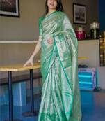 Sea green teal kanchipuram silk zari weaving matching blouse piece & sarees