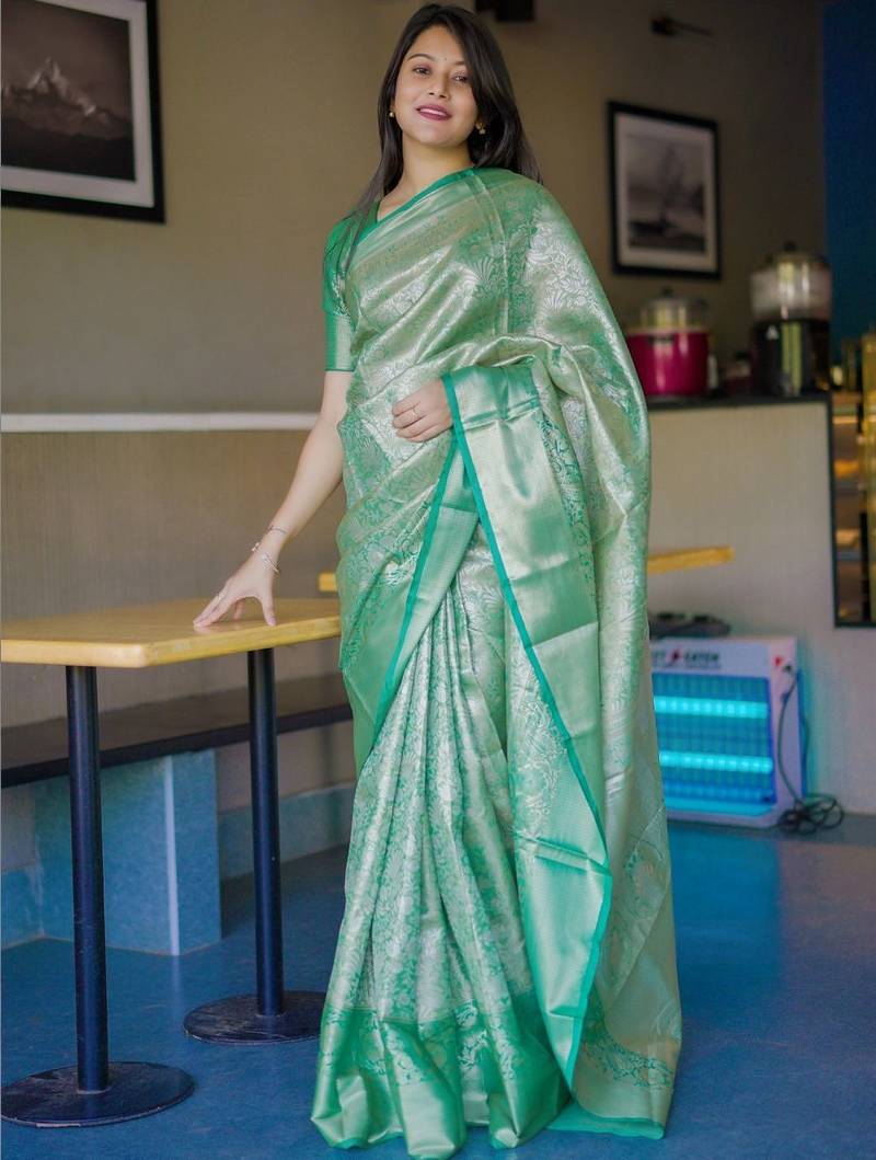 Sea green teal kanchipuram silk zari weaving matching blouse piece & sarees