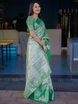 Sea green teal kanchipuram silk zari weaving matching blouse piece & sarees 2