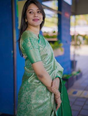 Sea green teal kanchipuram silk zari weaving matching blouse piece & sarees 3