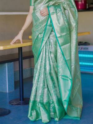 Sea green teal kanchipuram silk zari weaving matching blouse piece & sarees 4