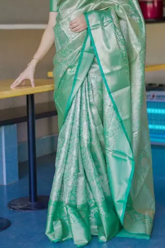 Sea green teal kanchipuram silk zari weaving matching blouse piece & sarees