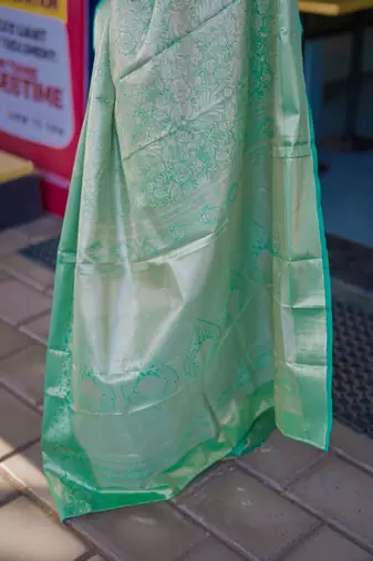 Sea green teal kanchipuram silk zari weaving matching blouse piece & sarees