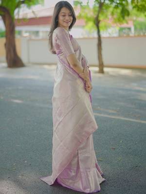 Lavender lavender kanchipuram silk zari weaving matching blouse piece & sarees 3