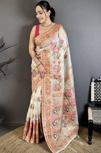 Off white ethnic motifs embroidered pashmina heavy work saree