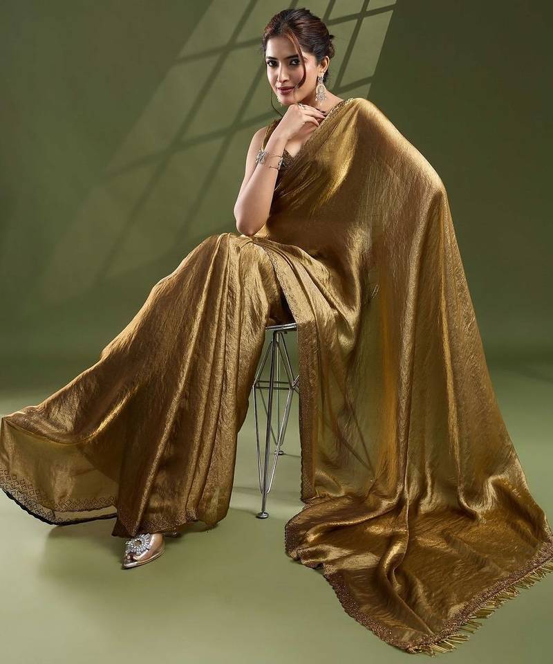 Gold embellished beads and stones satin designer saree