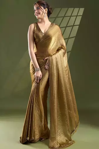Gold embellished beads and stones satin designer saree