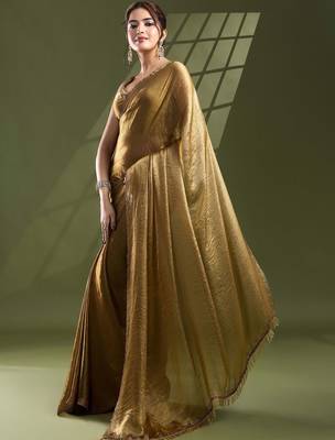 Gold embellished beads and stones satin designer saree 4
