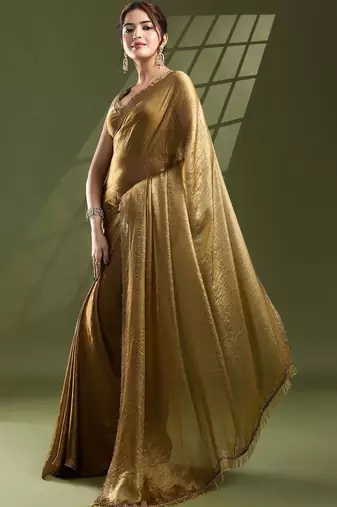 Gold embellished beads and stones satin designer saree