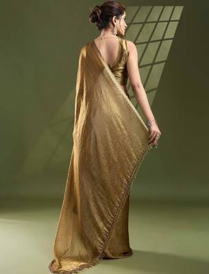 Gold embellished beads and stones satin designer saree 5