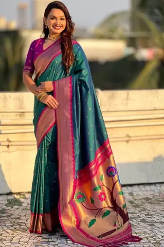 Teal woven design zari silk blend paithani saree