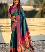 Teal woven design zari silk blend paithani saree