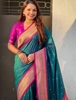 Teal woven design zari silk blend paithani saree 2