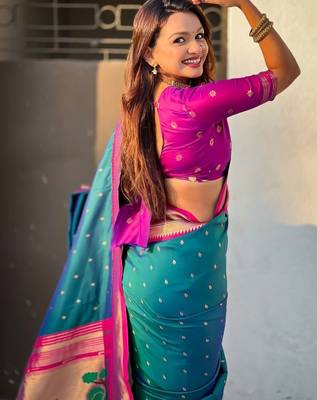 Teal woven design zari silk blend paithani saree 3