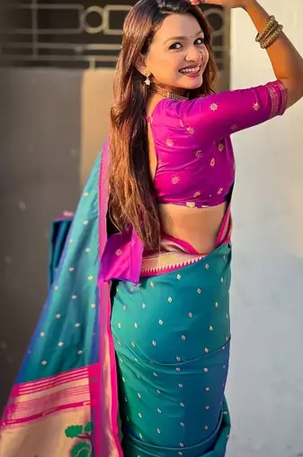 Teal woven design zari silk blend paithani saree