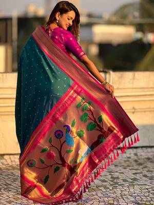Teal woven design zari silk blend paithani saree 4
