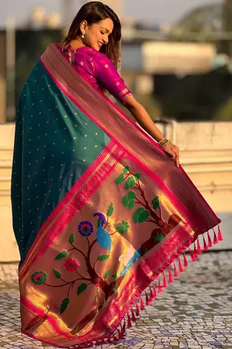 Teal woven design zari silk blend paithani saree