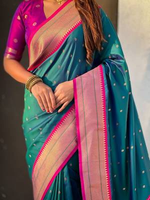 Teal woven design zari silk blend paithani saree 5