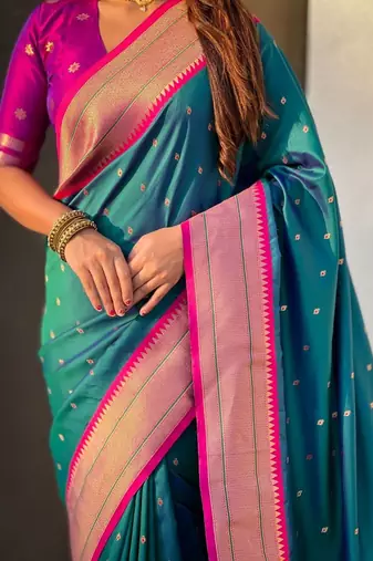 Teal woven design zari silk blend paithani saree