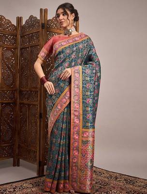 Teal ethnic motifs zari banarasi saree 1