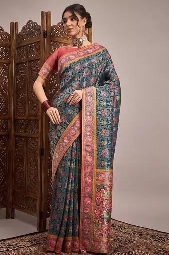 Teal ethnic motifs zari banarasi saree