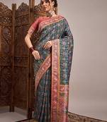 Teal ethnic motifs zari banarasi saree