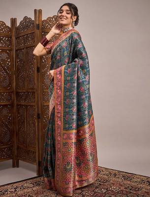 Teal ethnic motifs zari banarasi saree 2