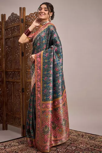 Teal ethnic motifs zari banarasi saree