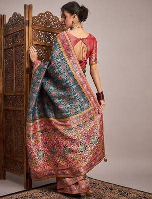 Teal ethnic motifs zari banarasi saree 3