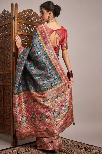 Teal ethnic motifs zari banarasi saree