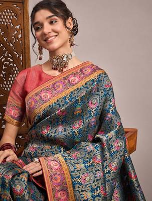 Teal ethnic motifs zari banarasi saree 4