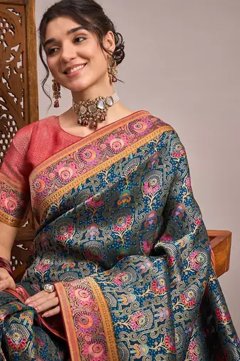 Teal ethnic motifs zari banarasi saree
