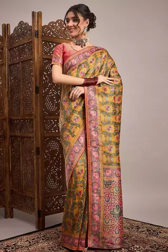 Mustard woven design zari banarasi saree