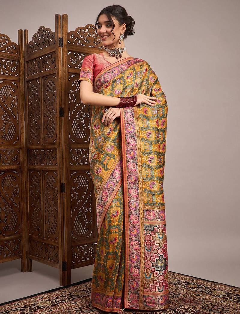 Mustard woven design zari banarasi saree