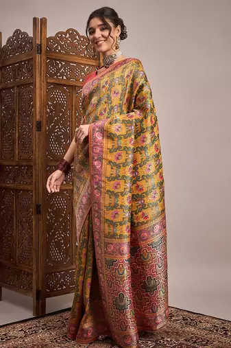 Mustard woven design zari banarasi saree