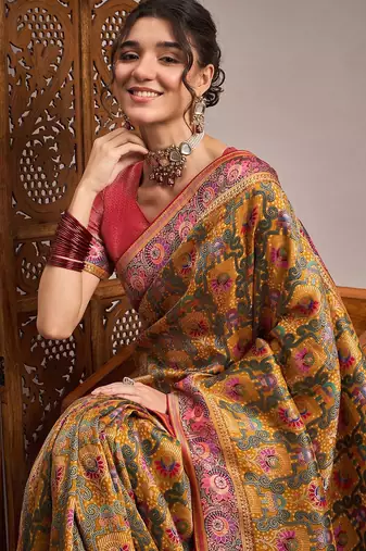 Mustard woven design zari banarasi saree