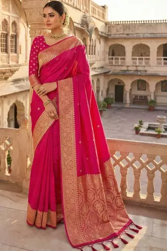 Pink woven design zari silk blend heavy work banarasi saree
