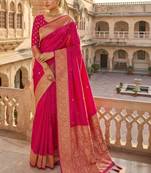 Pink woven design zari silk blend heavy work banarasi saree