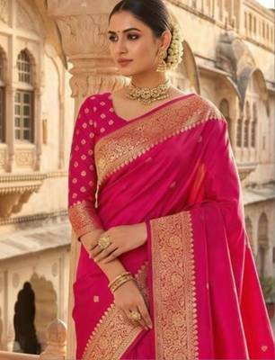 Pink woven design zari silk blend heavy work banarasi saree 2